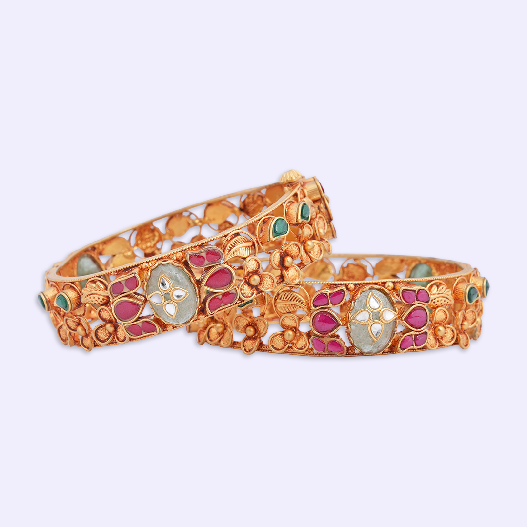 Floral Kundan-Inspired Heritage Bangle Pair with Red & Green Accents