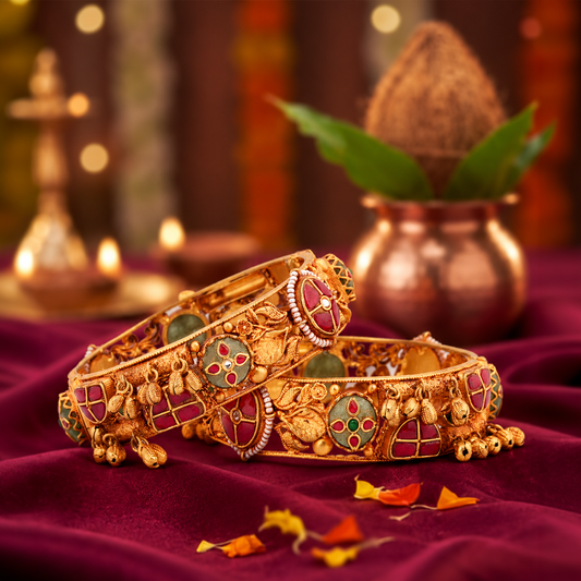 Royal Floral Heritage Bangle Pair with Red & Green Accents