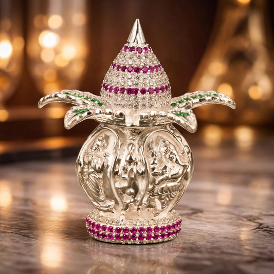 Silver Tone Shree Kalash Showpiece with Jeweled Coconut & Emerald Leaf Design