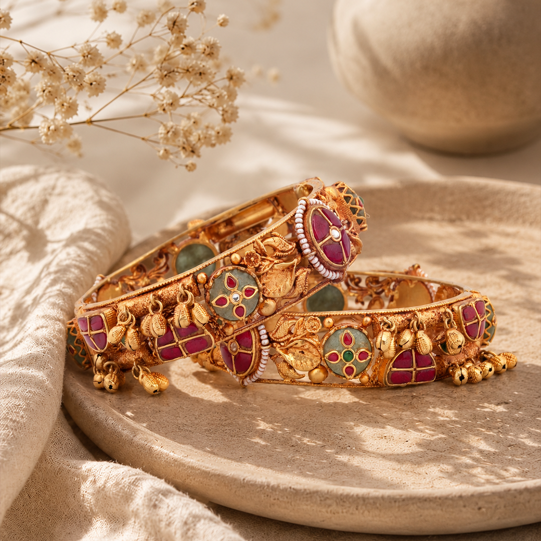 Royal Floral Heritage Bangle Pair with Red & Green Accents