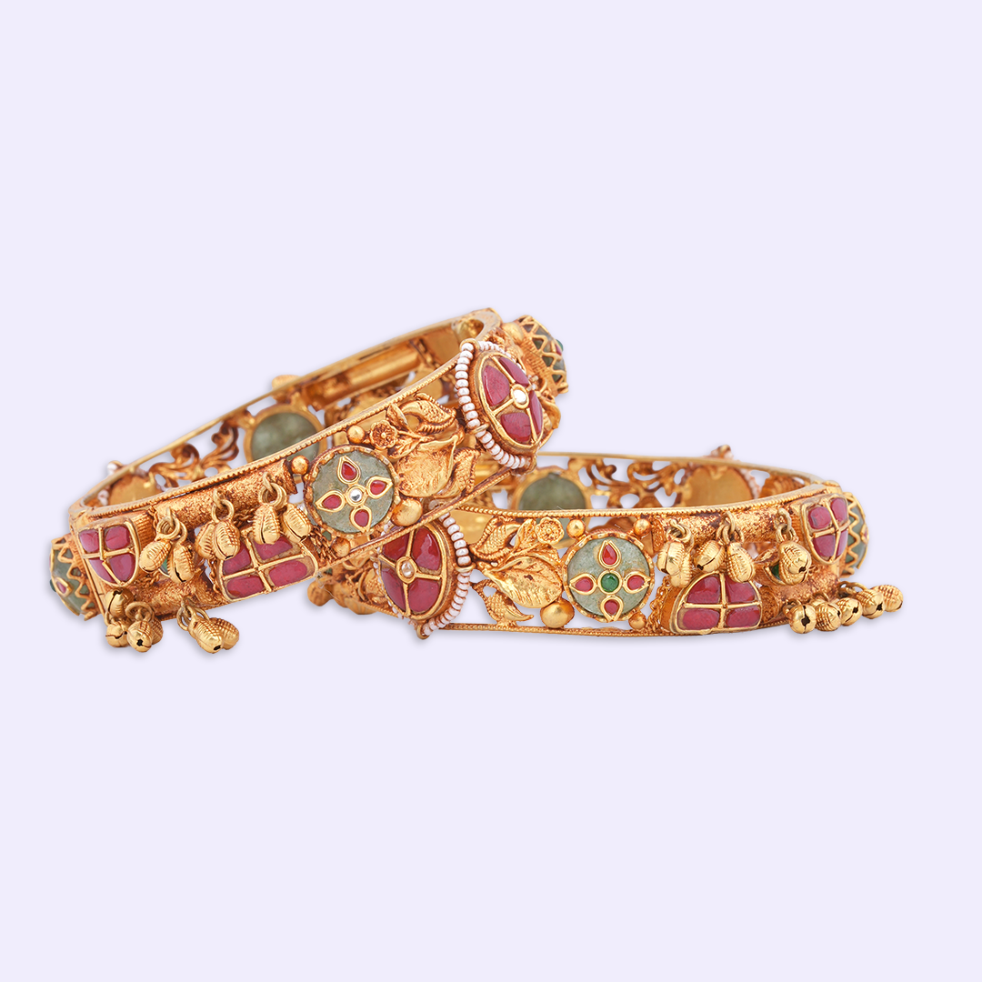 Royal Floral Heritage Bangle Pair with Red & Green Accents