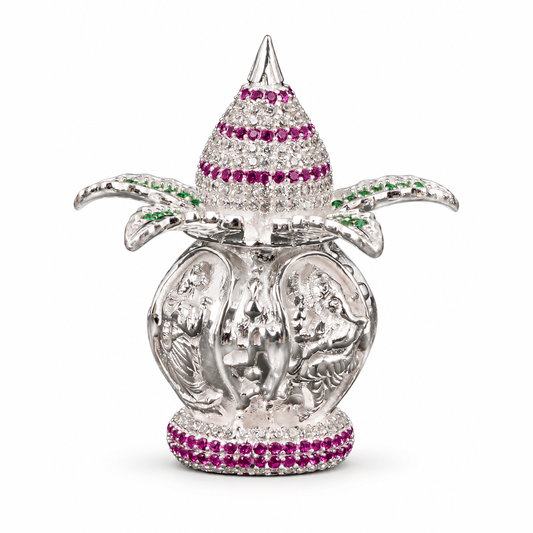 Silver Tone Shree Kalash Showpiece with Jeweled Coconut & Emerald Leaf Design