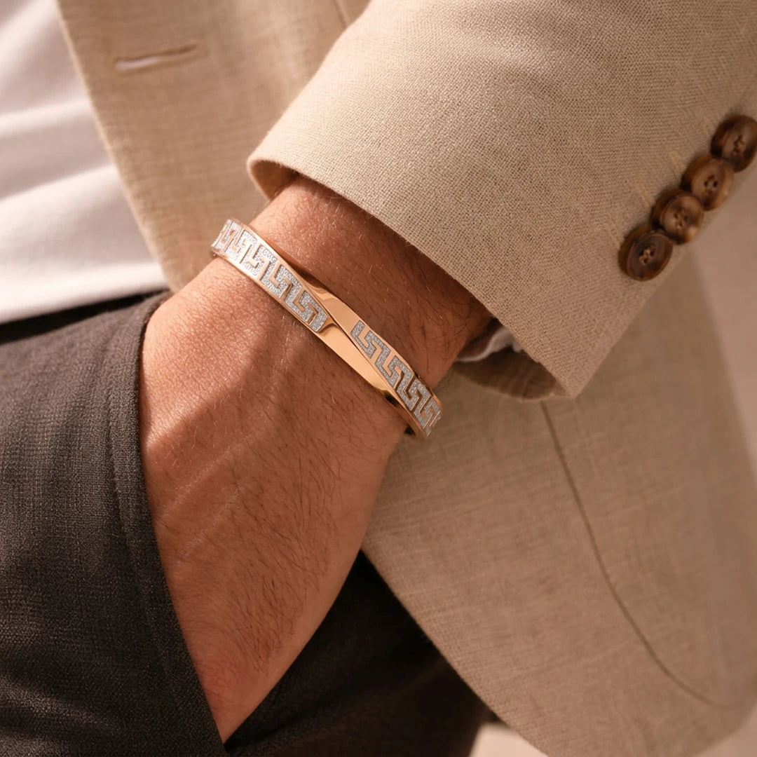 Rose-Tone Greek Key Inlay Ladies Bangle | 925 Sterling Silver