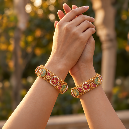 Floral Leaf Heritage Bangle Pair with Red & Green Accents