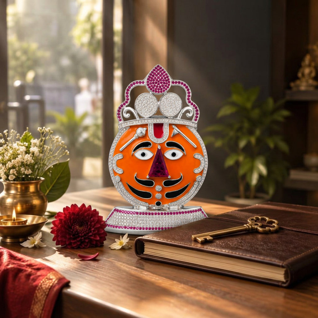 Silver Tone Khatu Shyam Ji Face Idol with Royal Crown & Orange Enamel Work