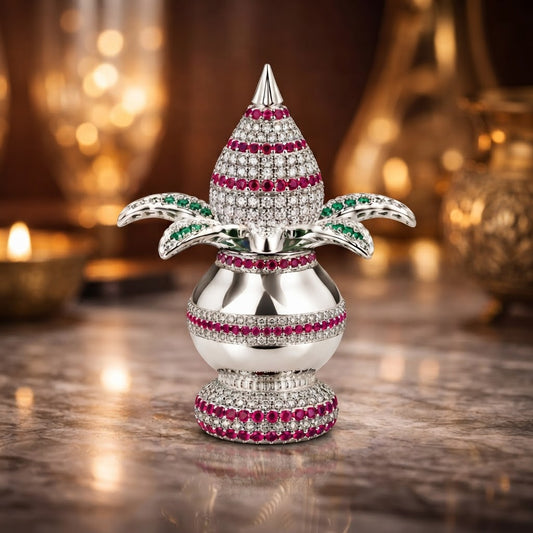 Silver Tone Purna Kalash Showpiece with Jeweled Coconut & Emerald Leaf Accents