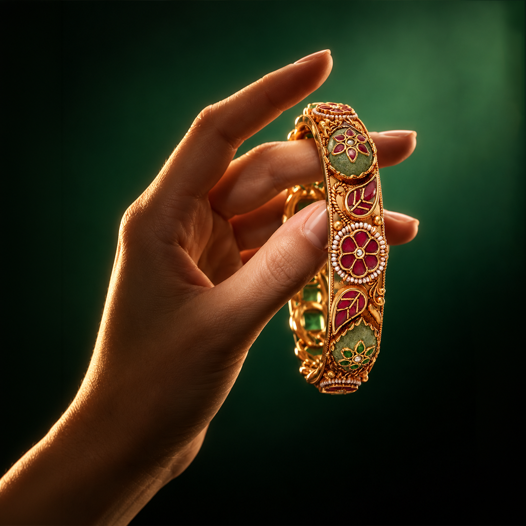 Floral Leaf Heritage Bangle Pair with Red & Green Accents