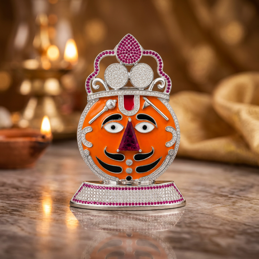 Silver Tone Khatu Shyam Ji Face Idol with Royal Crown & Orange Enamel Work
