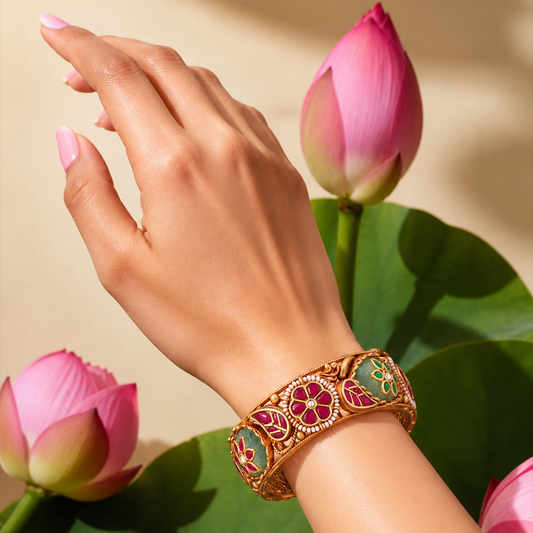 Floral Leaf Heritage Bangle Pair with Red & Green Accents