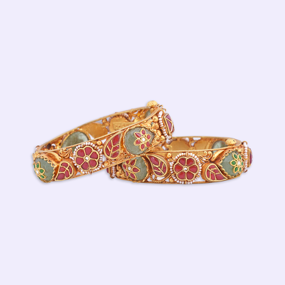 Floral Leaf Heritage Bangle Pair with Red & Green Accents