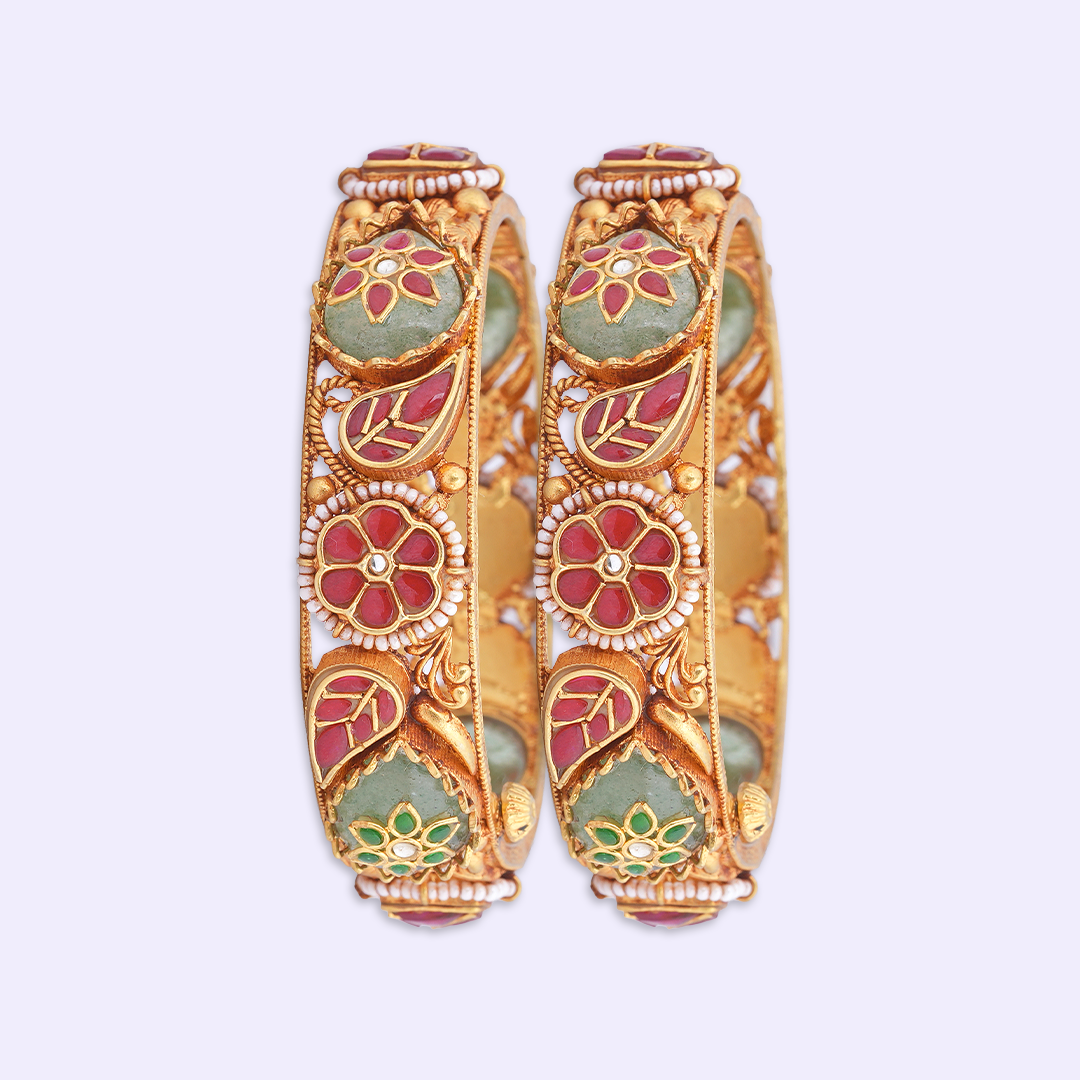 Floral Leaf Heritage Bangle Pair with Red & Green Accents
