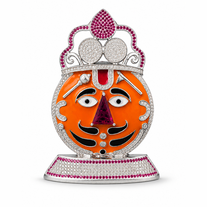 Silver Tone Khatu Shyam Ji Face Idol with Royal Crown & Orange Enamel Work