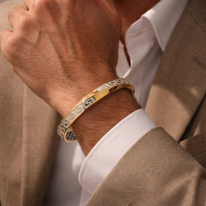 Gold-Tone Greek Key Inlay Ladies Bangle | 925 Sterling Silver