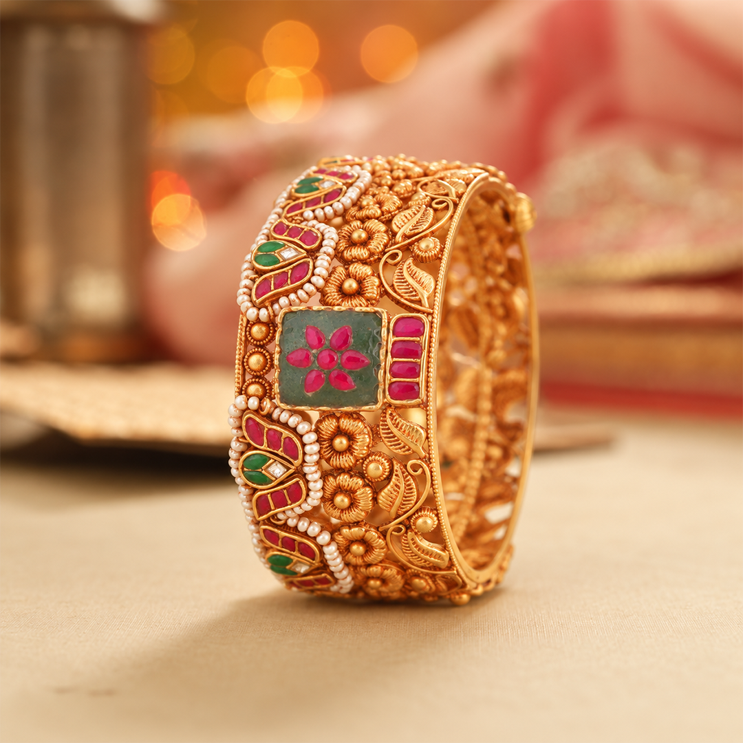 Floral Heritage Bangle with Red, Green & White Accents