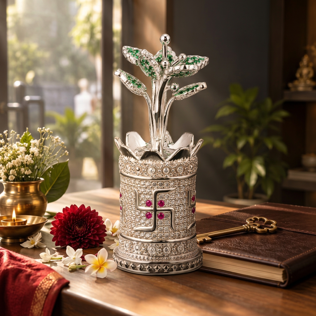 Silver Tone Tulsi Plant Showpiece with Jeweled Lotus Pot & Emerald Leaves
