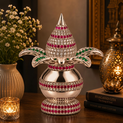 Silver Tone Purna Kalash Showpiece with Four Leaf