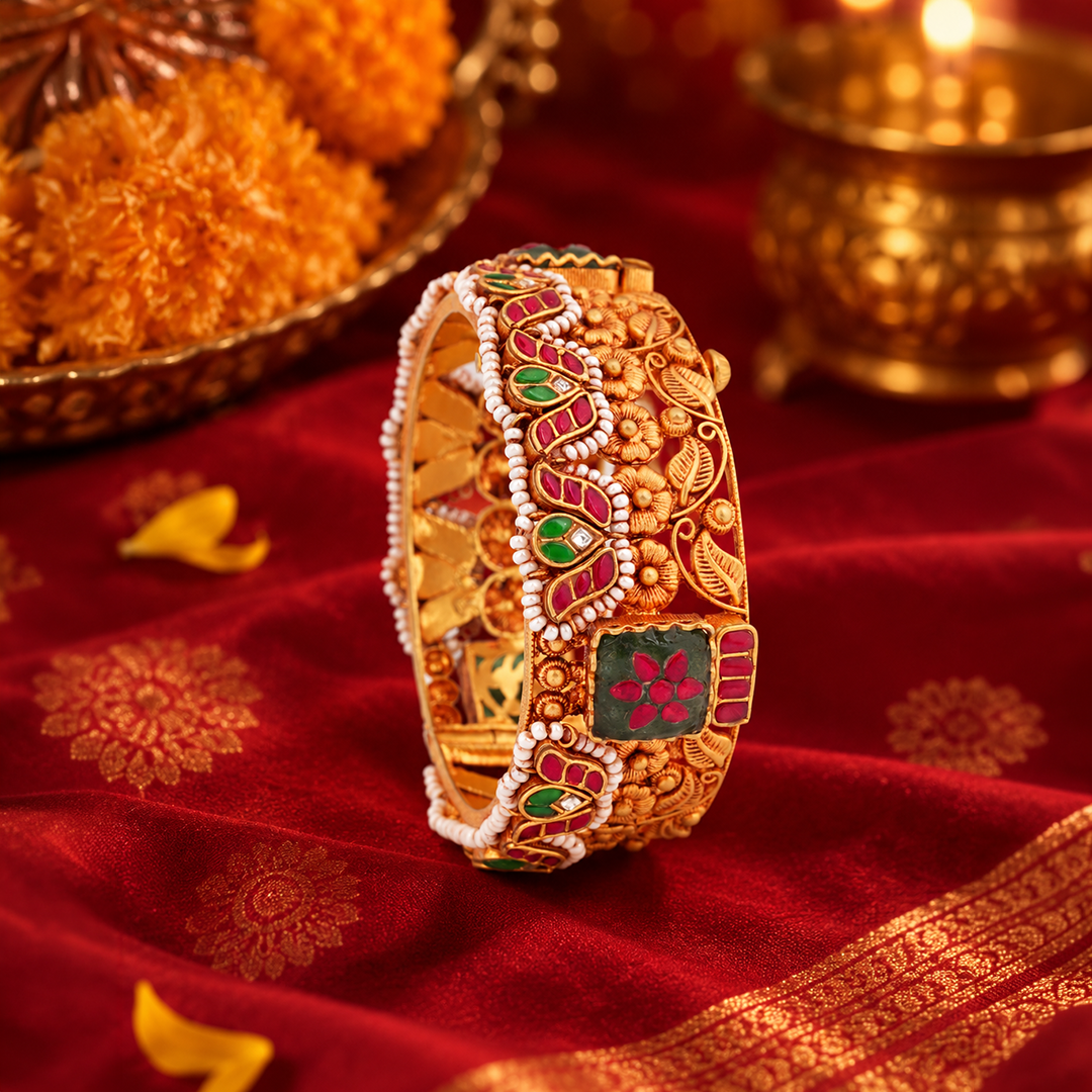 Floral Heritage Bangle with Red, Green & White Accents