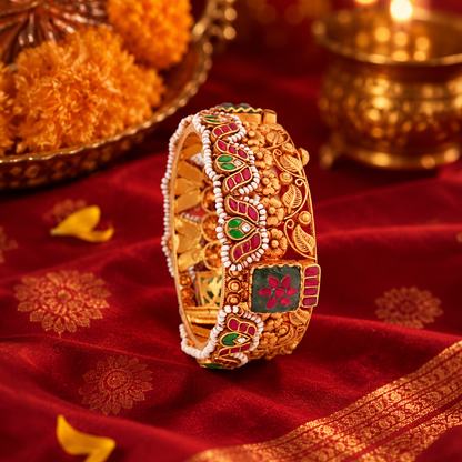 Floral Heritage Bangle with Red, Green & White Accents