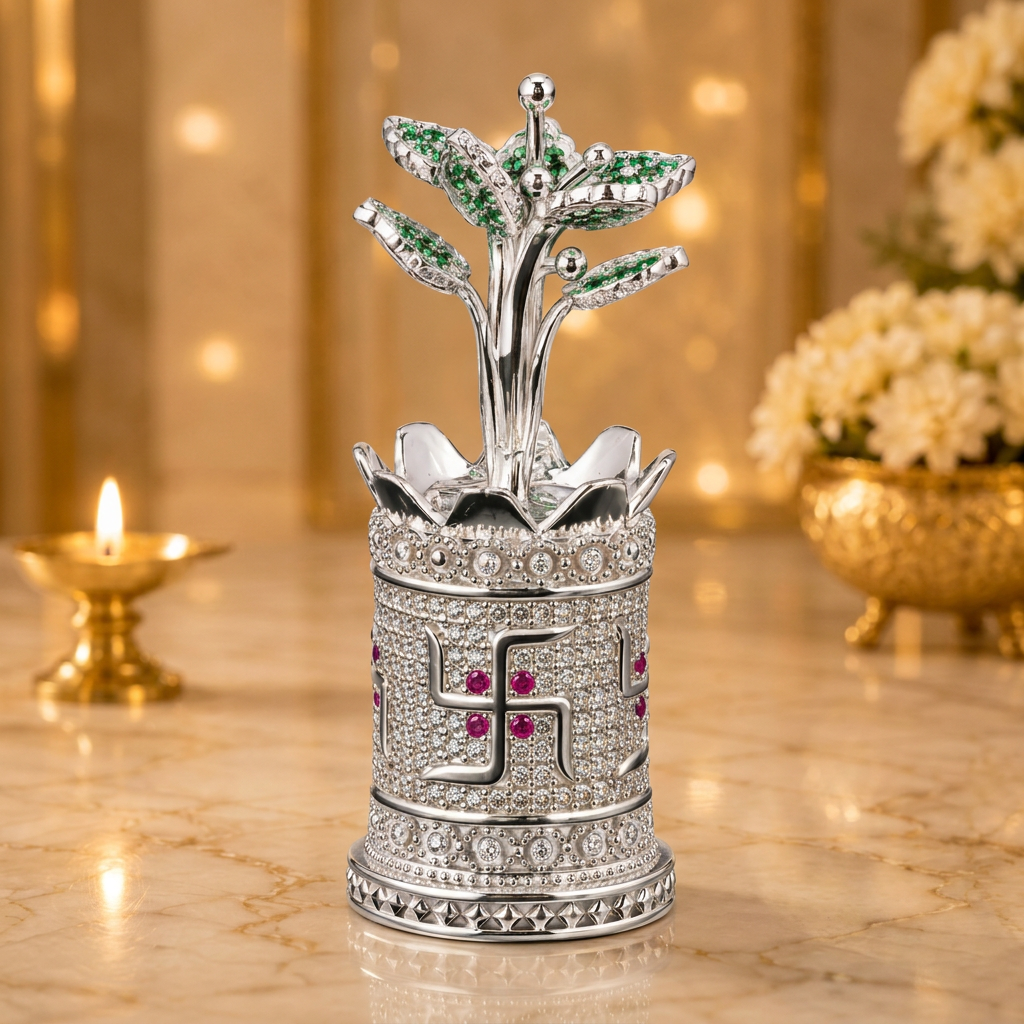 Silver Tone Tulsi Plant Showpiece with Jeweled Lotus Pot & Emerald Leaves