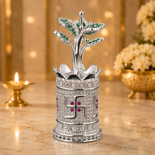 Silver Tone Tulsi Plant Showpiece with Jeweled Lotus Pot & Emerald Leaves