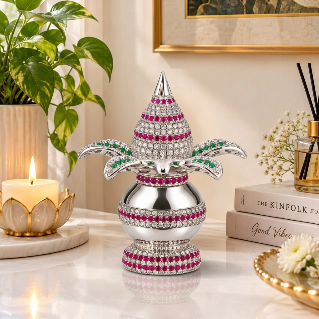Silver Tone Purna Kalash Showpiece with Four Leaf