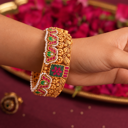 Floral Heritage Bangle with Red, Green & White Accents