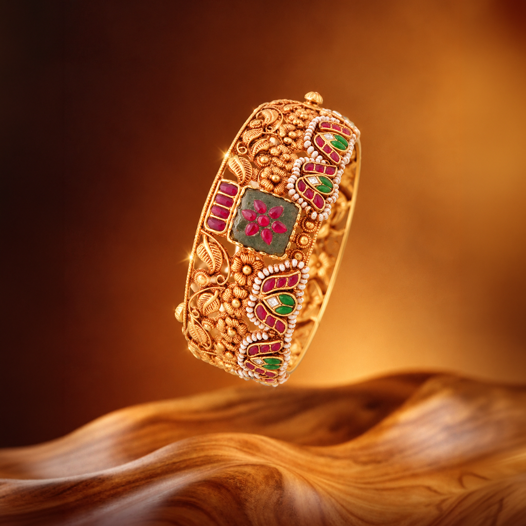Floral Heritage Bangle with Red, Green & White Accents
