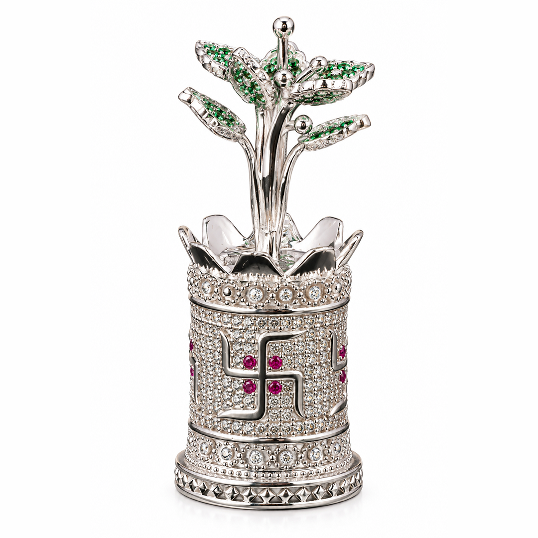 Silver Tone Tulsi Plant Showpiece with Jeweled Lotus Pot & Emerald Leaves