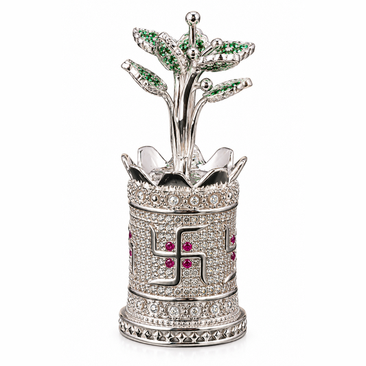 Silver Tone Tulsi Plant Showpiece with Jeweled Lotus Pot & Emerald Leaves