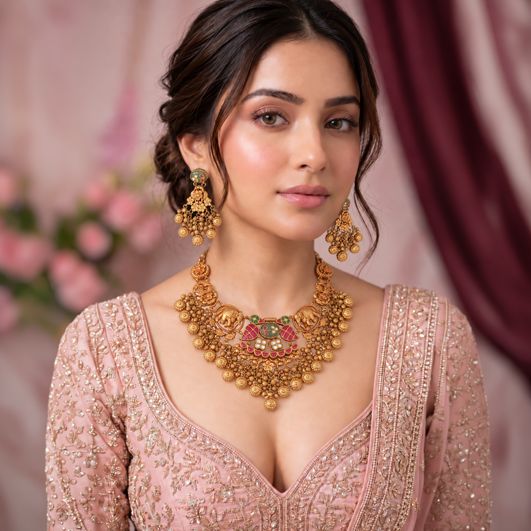 Elephant Motif Heritage Necklace Set with Matching Earrings