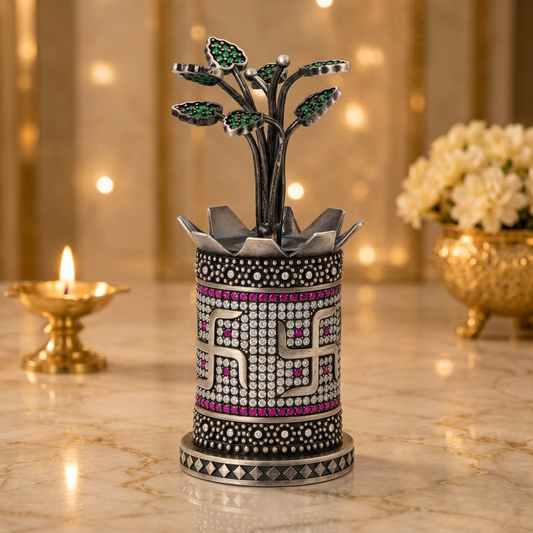 Silver Tone Tulsi Plant Showpiece with Lotus Crown Planter & Emerald Stone Leaves