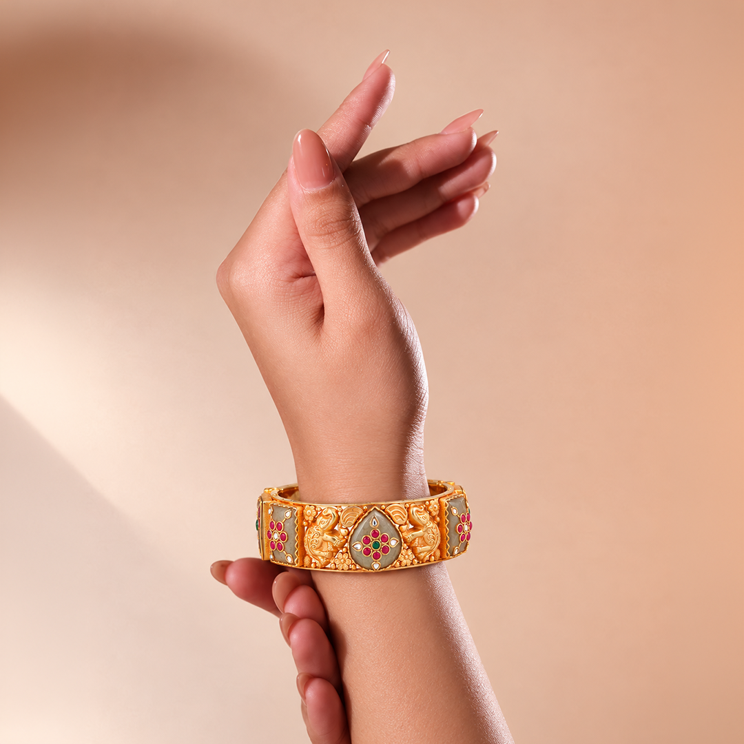 Elephant Motif Heritage Bangle with Red & Green Accents