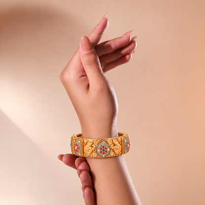 Elephant Motif Heritage Bangle with Red & Green Accents