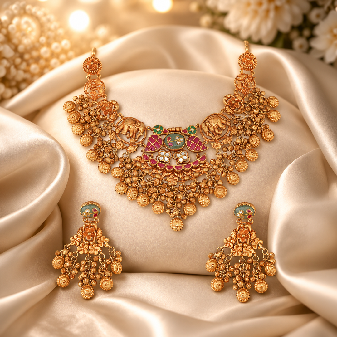 Elephant Motif Heritage Necklace Set with Matching Earrings