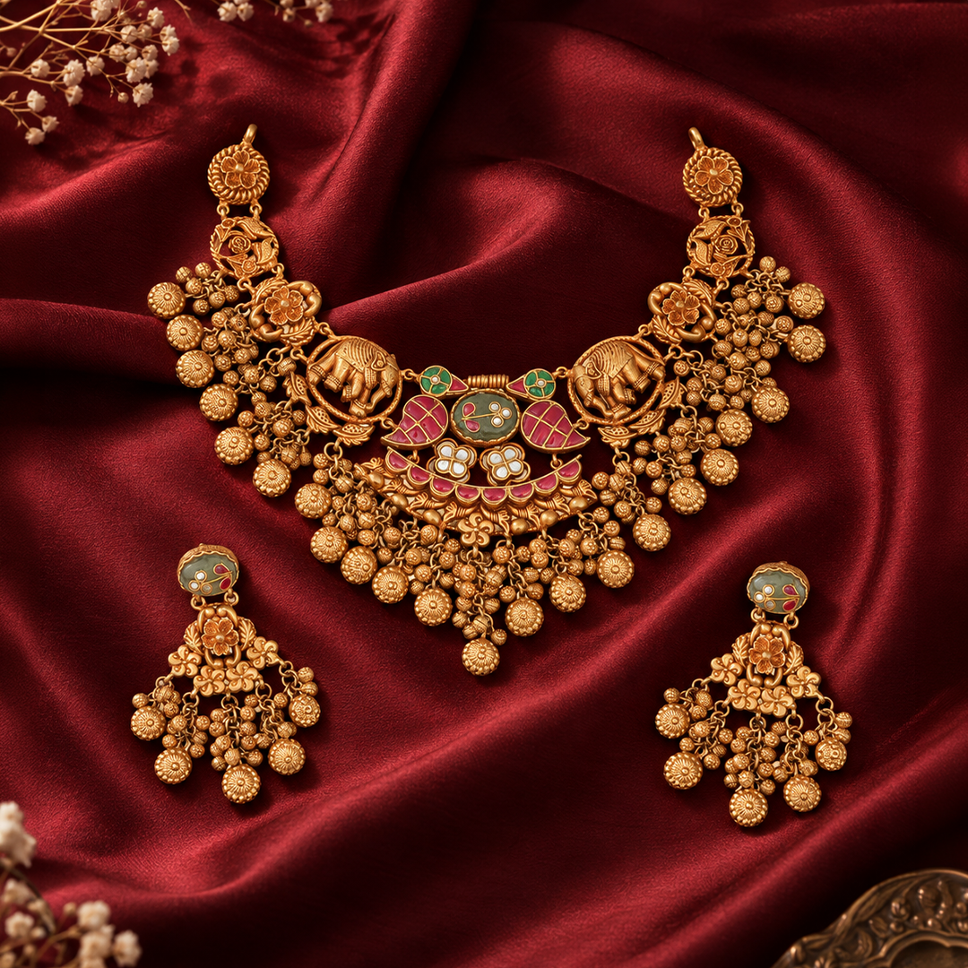 Elephant Motif Heritage Necklace Set with Matching Earrings