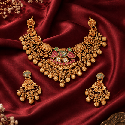 Elephant Motif Heritage Necklace Set with Matching Earrings