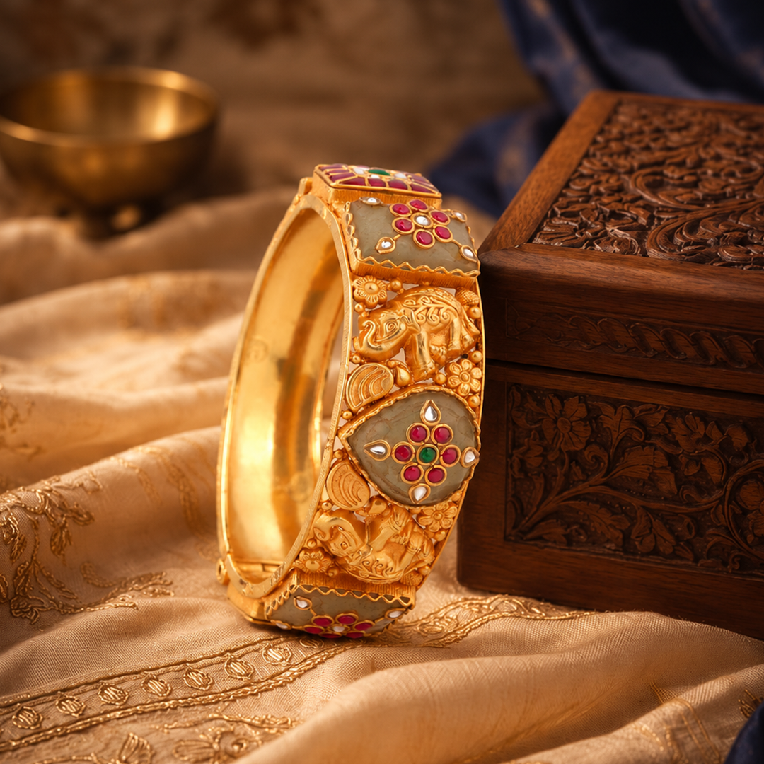 Elephant Motif Heritage Bangle with Red & Green Accents