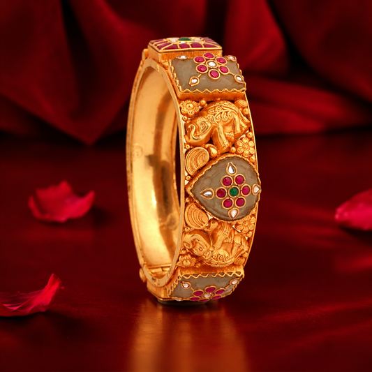 Elephant Motif Heritage Bangle with Red & Green Accents