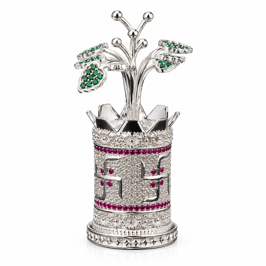 Silver Tone Tulsi Plant Showpiece with Lotus Crown Planter & Emerald Stone Leaves
