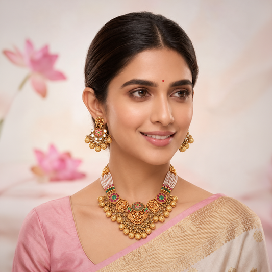 Floral Heritage Pearl-Strand Necklace Set with Matching Earrings