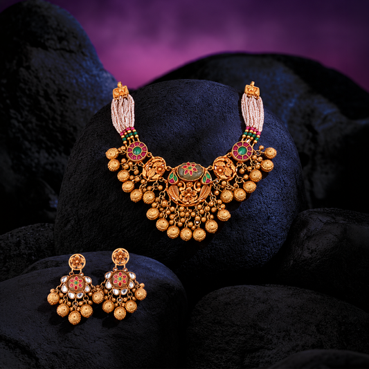 Floral Heritage Pearl-Strand Necklace Set with Matching Earrings