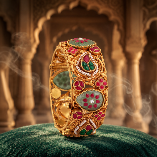 Floral Medallion Heritage Bangle with Red & Green Accents