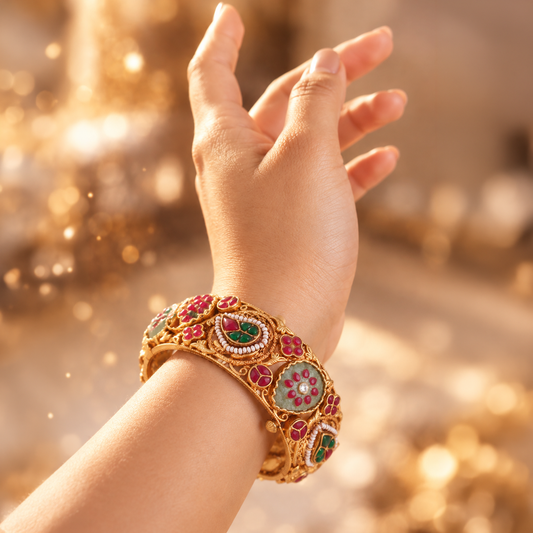 Floral Medallion Heritage Bangle with Red & Green Accents