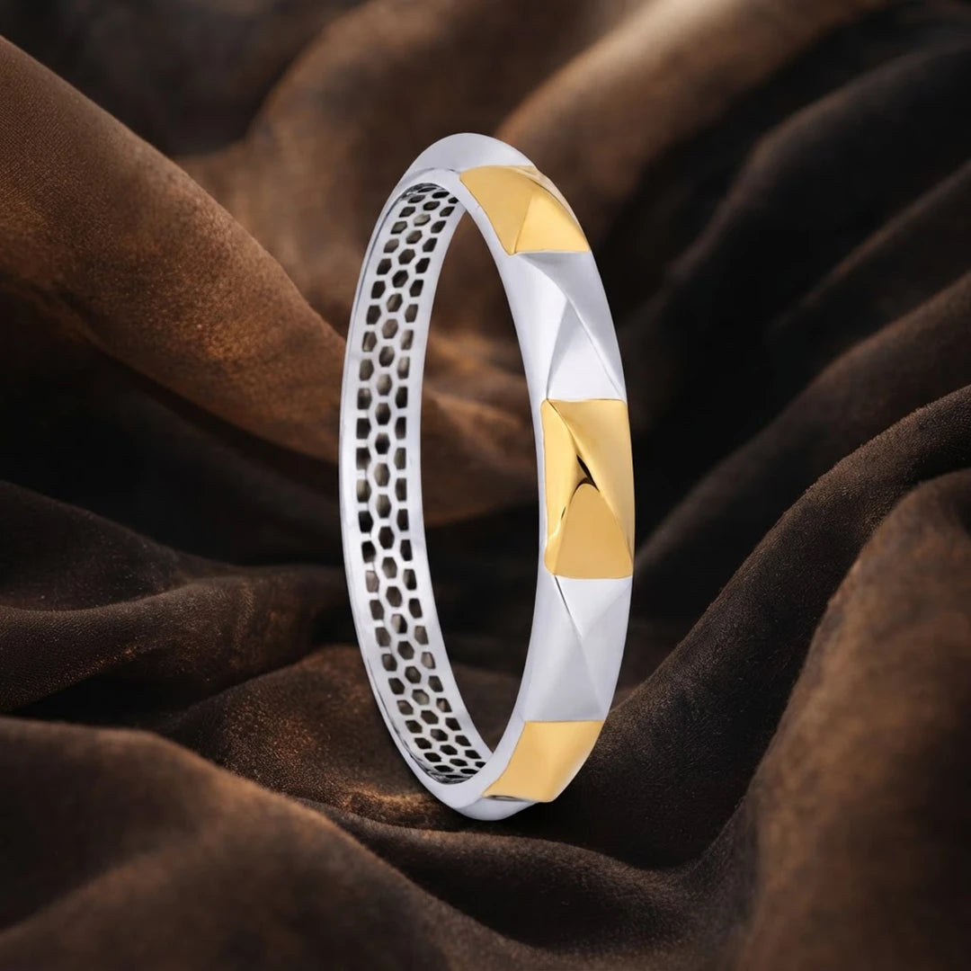 Dual-Tone Faceted Block Ladies Bangle | 925 Sterling Silver