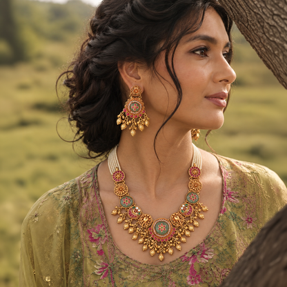 Elephant & Floral Heritage Necklace Set with Matching Earrings