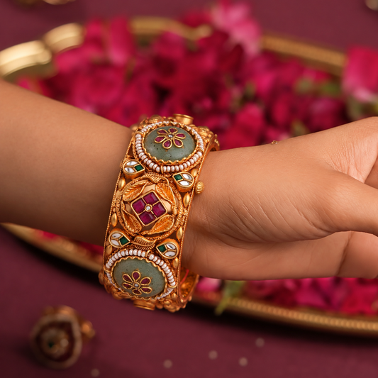 Floral Medallion Heritage Bangle with Ruby & Green Accents