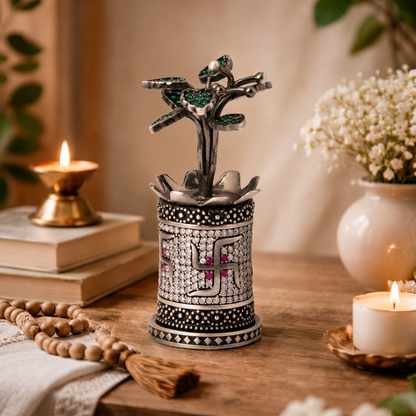 Antique Silver Tone Tulsi Plant Showpiece with Swastik & Green Stone Leaves