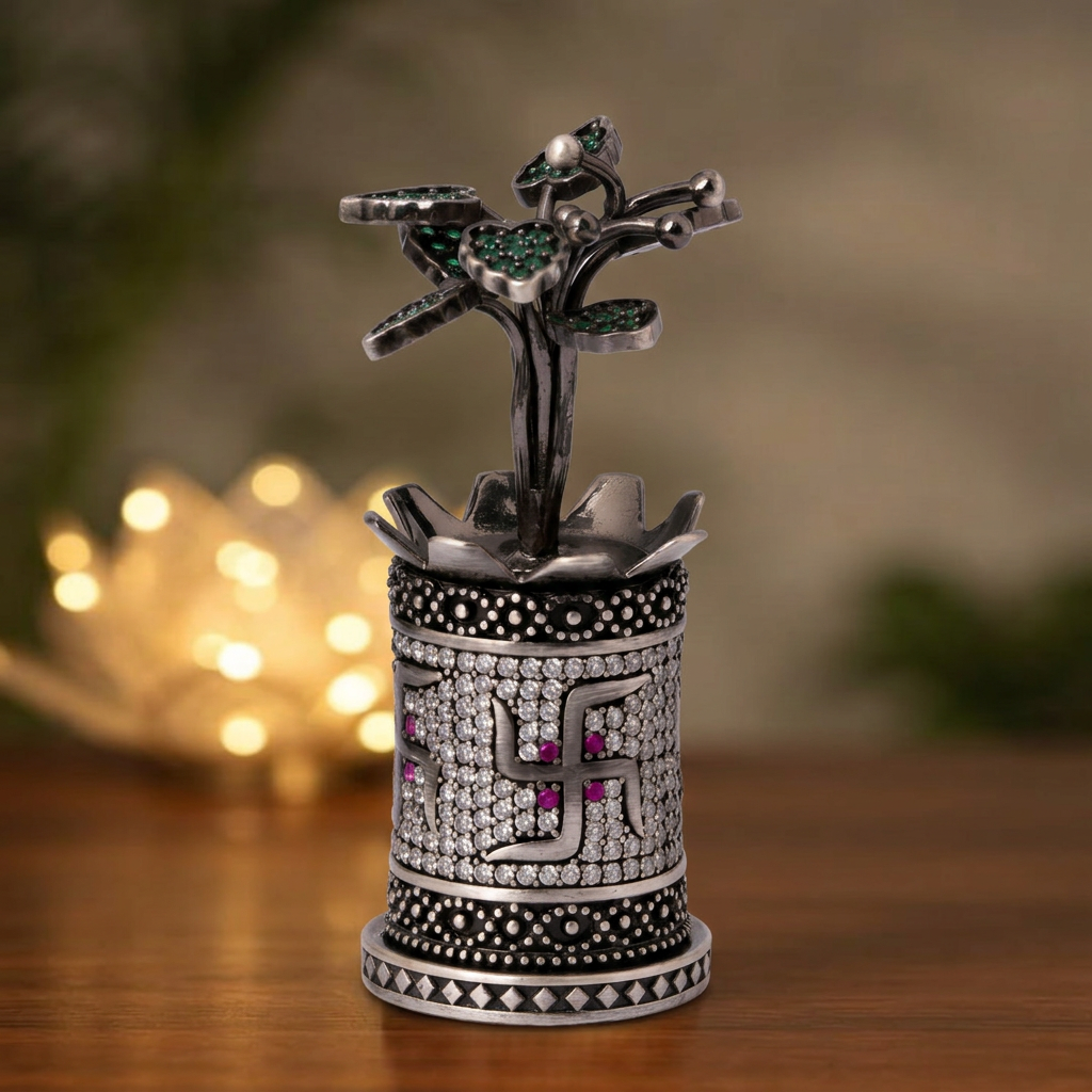 Antique Silver Tone Tulsi Plant Showpiece with Swastik & Green Stone Leaves