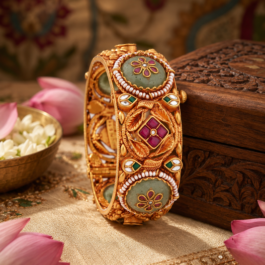 Floral Medallion Heritage Bangle with Ruby & Green Accents
