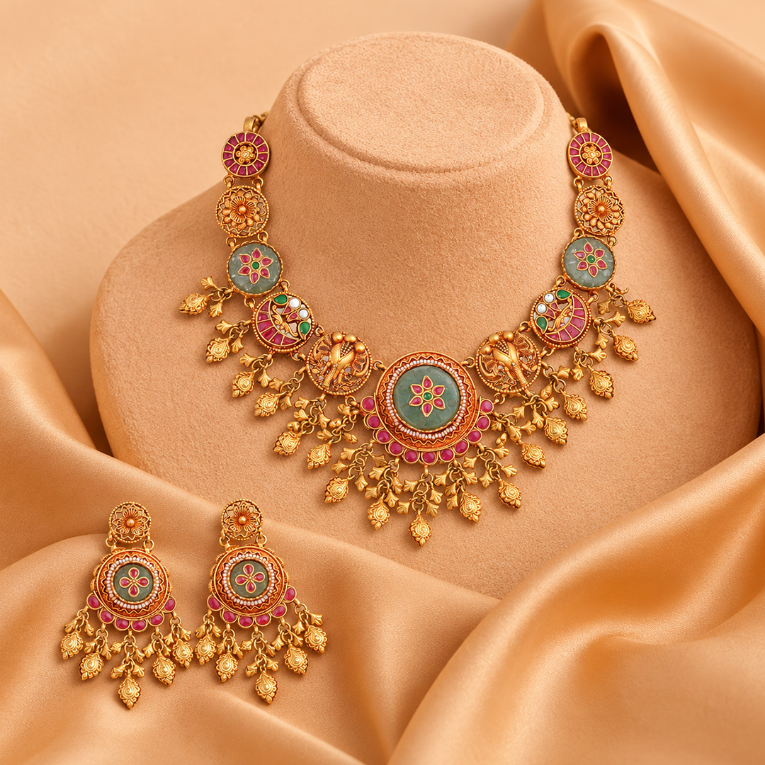 Elephant & Floral Heritage Necklace Set with Matching Earrings